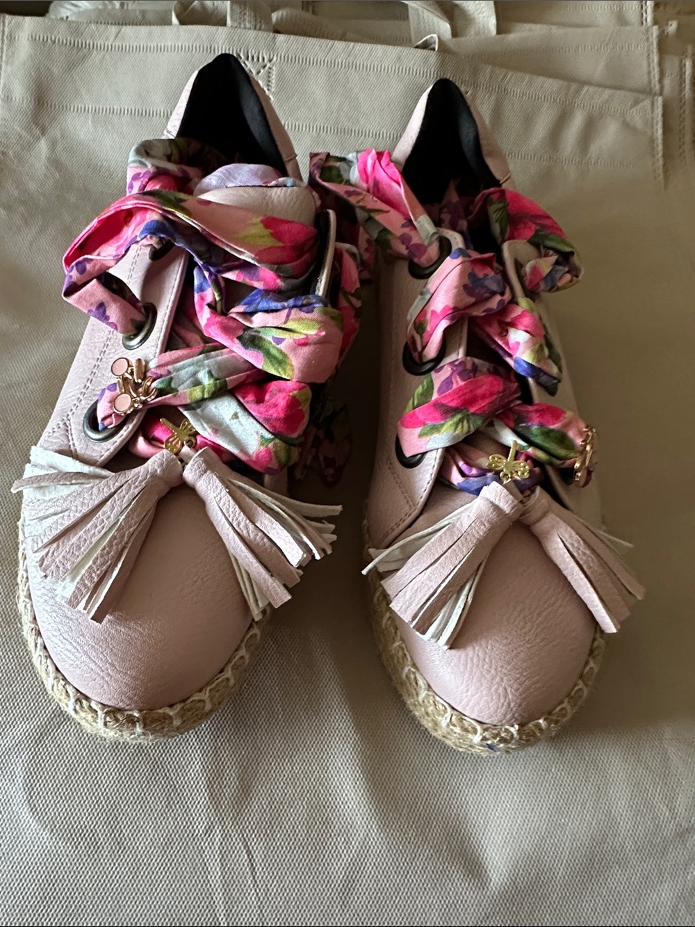 Women's Blush Pink Espadrille Sneakers with Floral Ribbon Laces